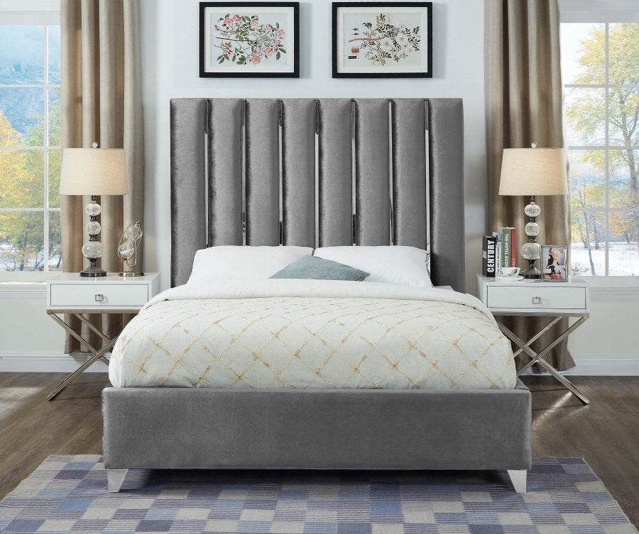 Lit Velours Gris Glam - Design Chrome Channel - Support Matelas