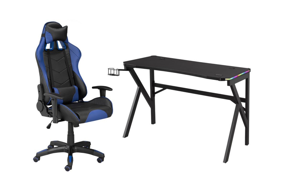 ENSEMBLE BUREAU ET CHAISE GAMING, BLEU/NOIR ( Meuble Mtl )