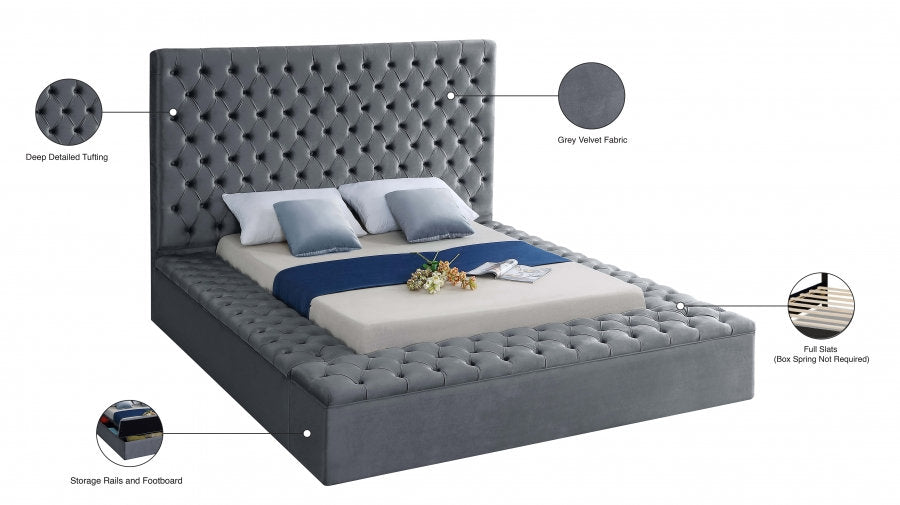Lit Plateforme en Velours Gris - 3 Grands Rangements, Capitonnage Profond, Hauteur de 16 po