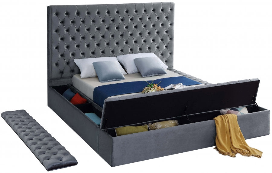 Lit Plateforme en Velours Gris - 3 Grands Rangements, Capitonnage Profond, Hauteur de 16 po
