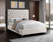 Lit en Velours Crème - Capitonnage Profond, Pieds en Or et Chrome Inclus avec Chaque Lit