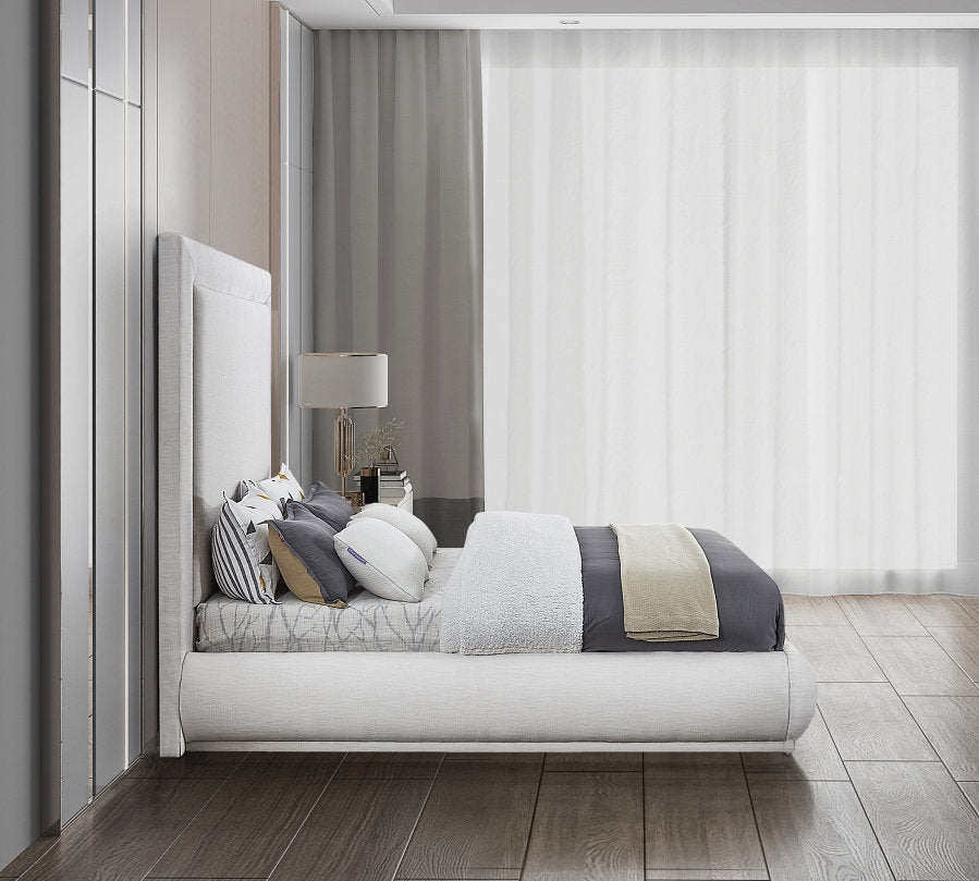 Lit Rembourré Style Moderne du Milieu du Siècle - Tissu Lin Crème, Support de Matelas