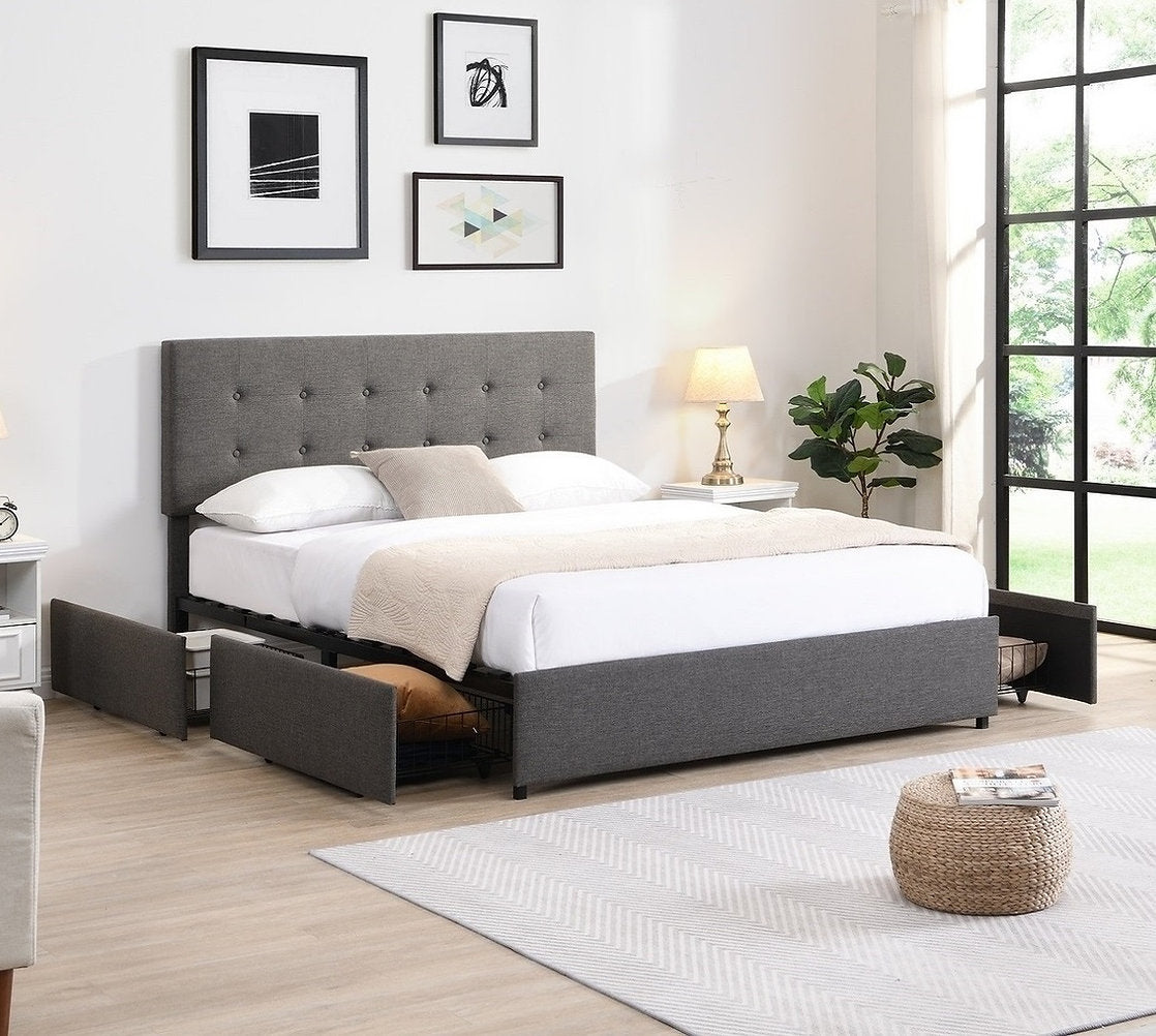 Lit Plateforme - 4 Tiroirs Métalliques, Tête Capitonnée, Tissu Gris, Support Matelas
