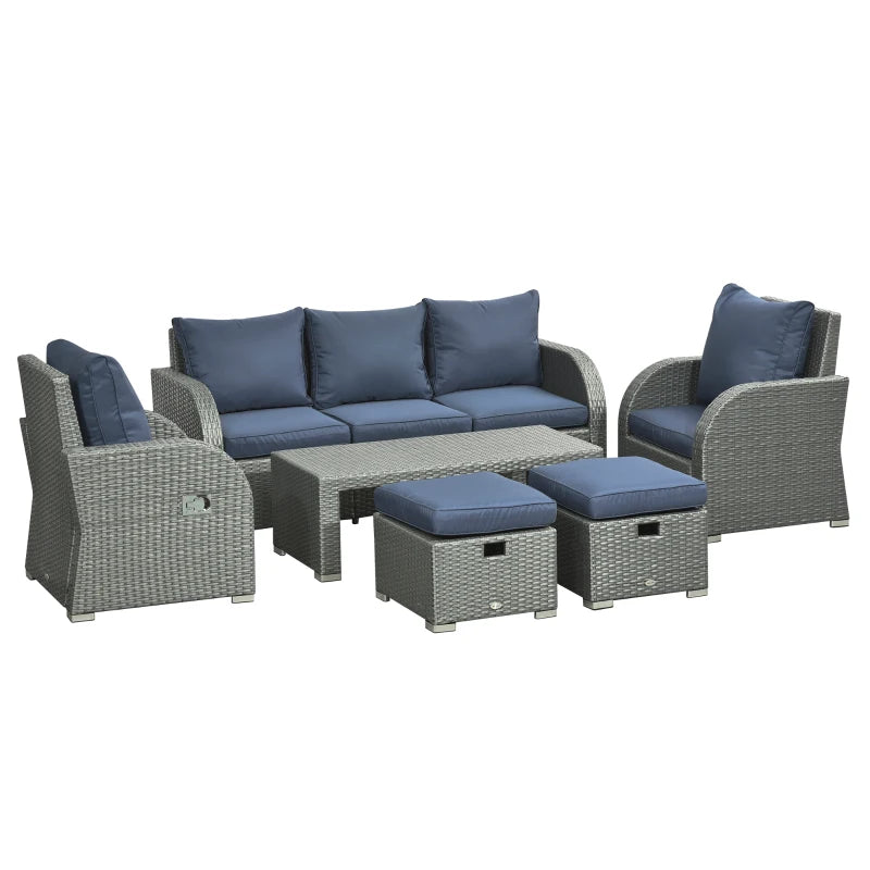 Meubles de patio avec coussins, 6 pièces en osier PE, ensemble de conversation avec un canapé à trois places, 2 chaises inclinables, 2 repose-pieds et une table, bleu foncé