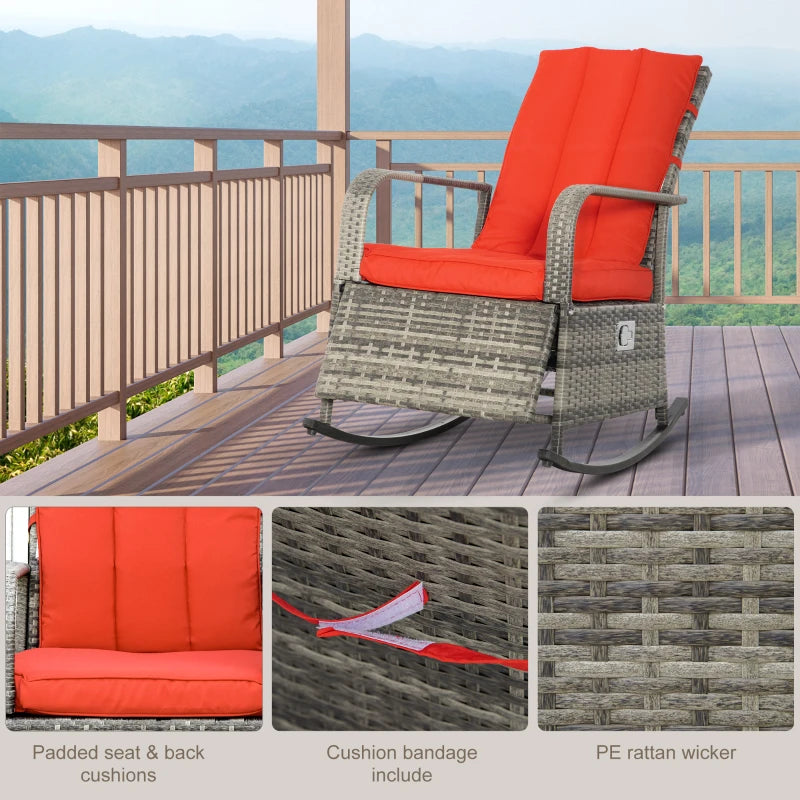 Chaise à bascule d'extérieur en osier avec coussin, chaise inclinable en rotin PE avec repose-pieds réglable, accoudoirs, rouge