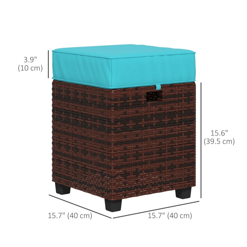 Ensemble de 2 poufs de Patio en osier, repose-pieds carré en rotin PE avec coussin amovible pour jardin, bleu ciel