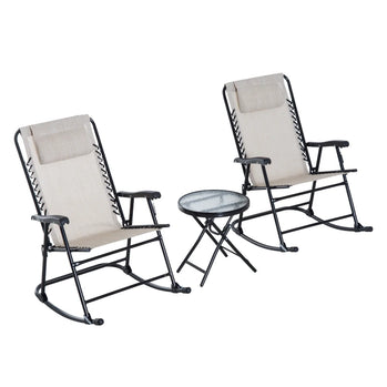 Ensemble de 3 chaises à bascule pliables pour patio, chaises à bascule d'extérieur et table bistro avec siège et dossier en maille respirante, appui-tête rembourré pour parc, cour, jardin, blanc crème