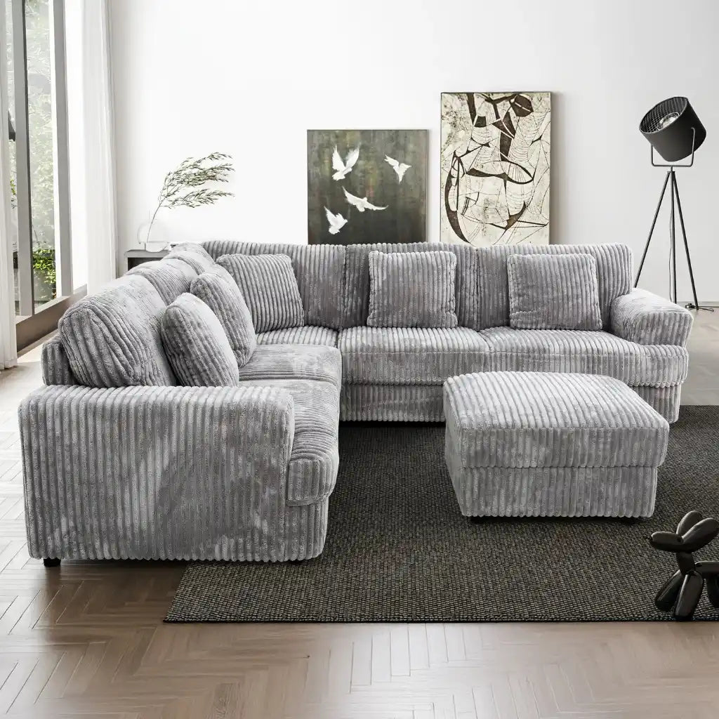 Sofa Sectionnel de Coin Gris Teddy à Texture Côtelée
