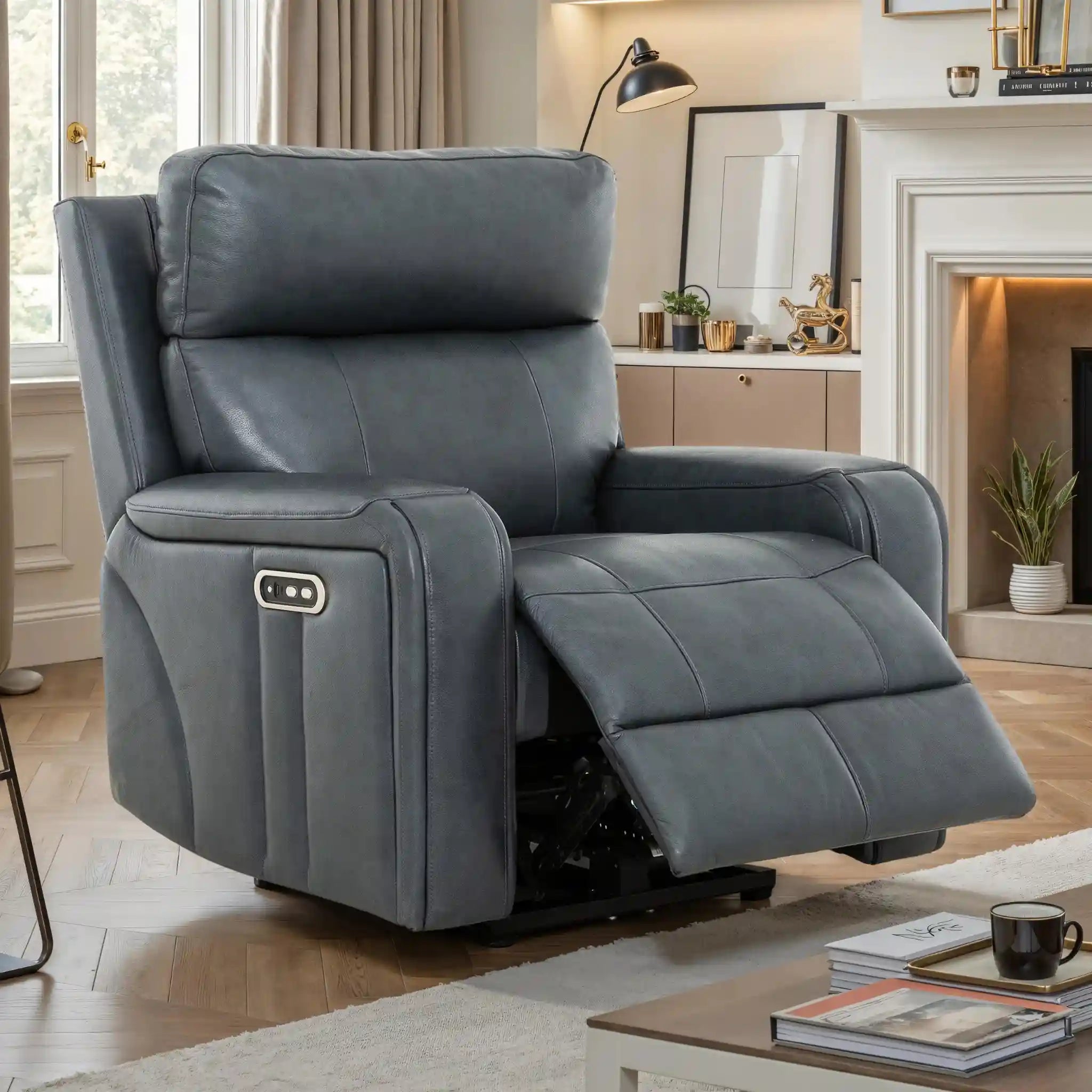 Primo Cavron Fauteuil Berçant et Inclinable Électrique Cuir Bleu