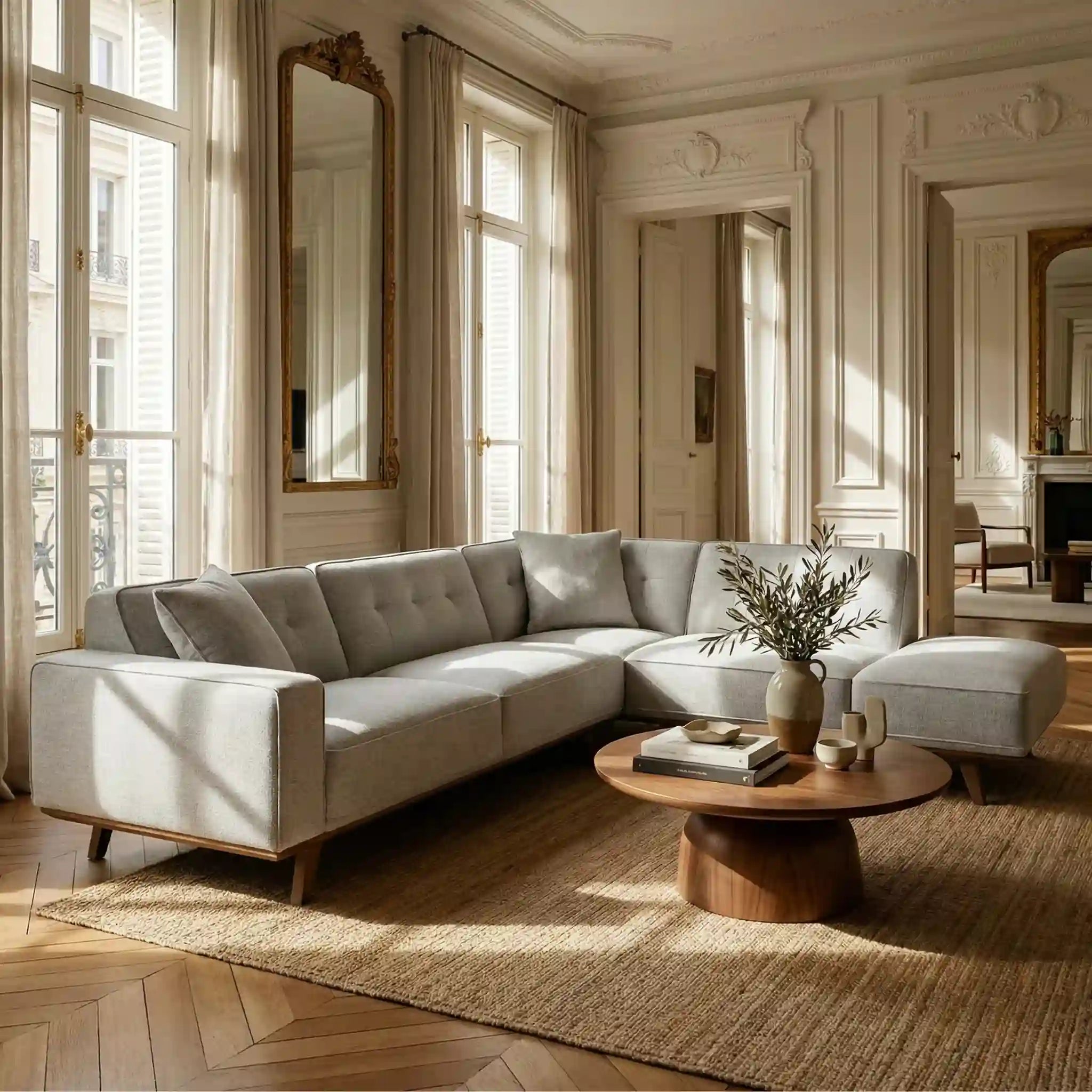 Durant Sofa Sectionnel Tissu Aspect Lin Méridienne Droite Huître