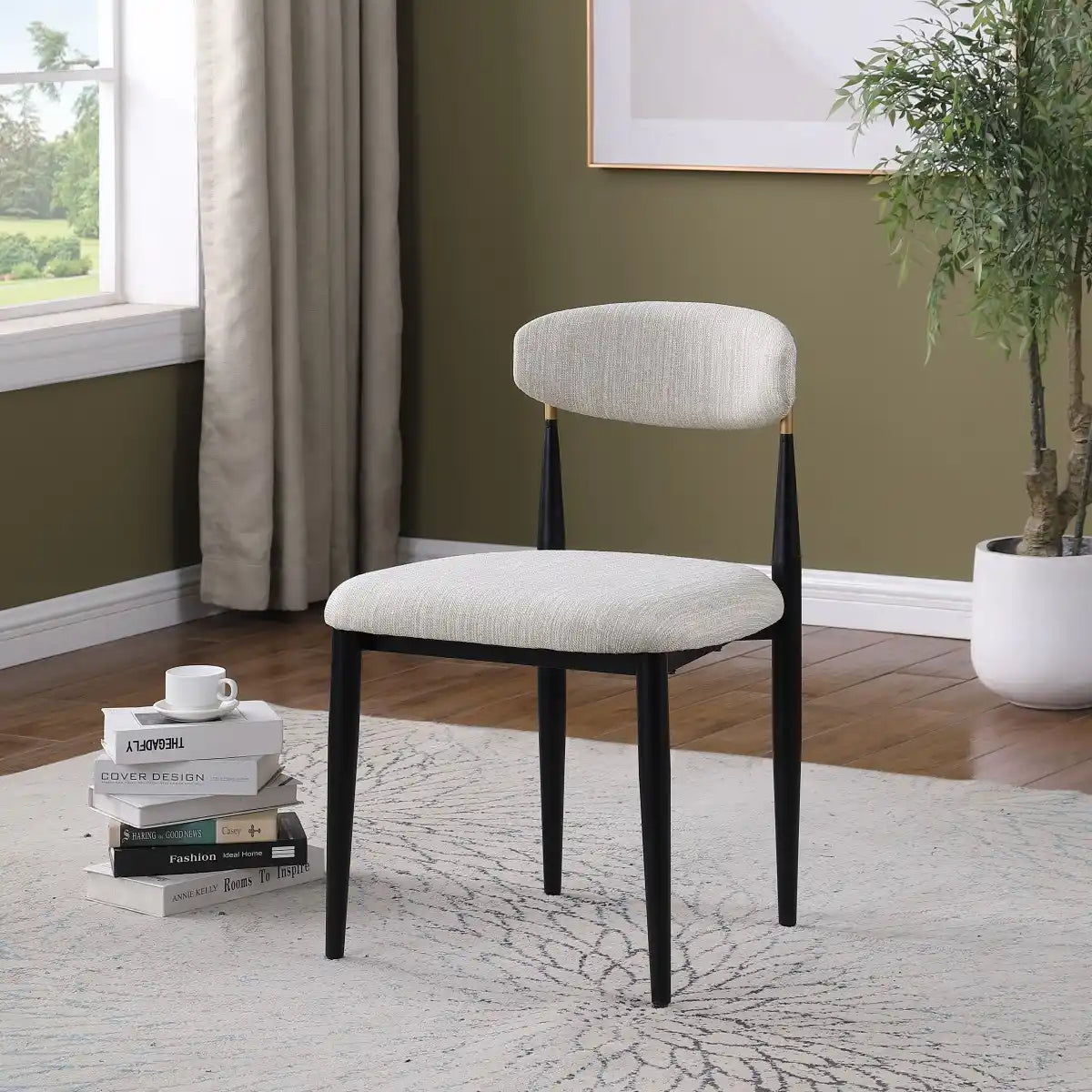 Chaises de repas Kodi en tissu beige | Cadre en métal noir (Set de 2)