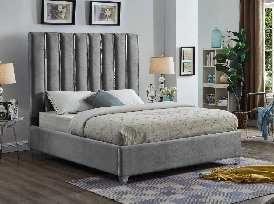 Lit Velours Gris Glam - Design Chrome Channel - Support Matelas