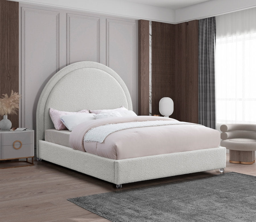 Lit Rembourré Design Contemporain - Tissu Boucle Crème, Acrylique, Matelas