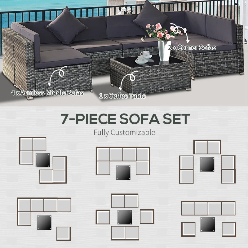 Ensemble sectionnel de jardin en osier 7 pièces avec table à thé, canapé de salon en rotin avec coussin, gris foncé