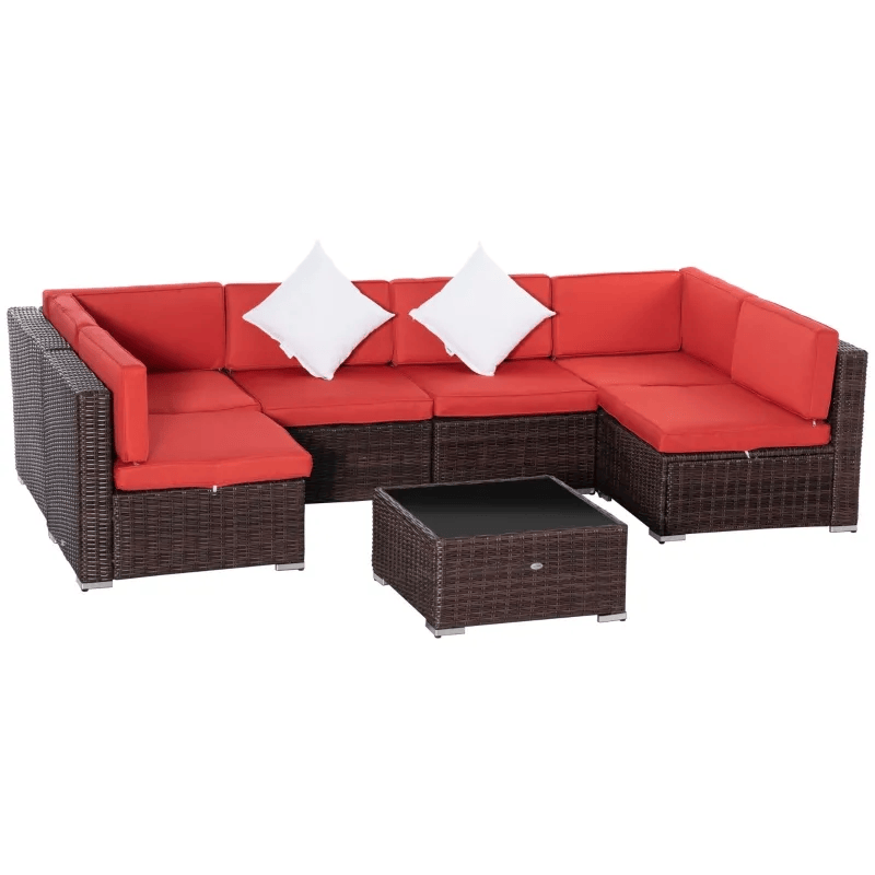 Ensemble de canapé de patio en osier 7 pièces, ensemble de meubles de conversation sectionnels en rotin PE avec table basse et coussin en verre trempé pour jardin, arrière-cour, rouge