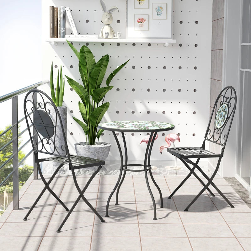 Ensemble bistro de patio 3 pièces avec motif mosaïque, ensemble de meubles de salle à manger d'extérieur pour 2 avec chaises pliantes, vert