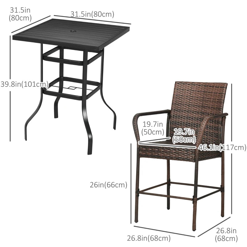 Ensemble de bar en osier 5 pièces, chaise de table de bar de patio avec trou pour parasol pour bord de piscine, 31,5"x31,5"x39,8", marron