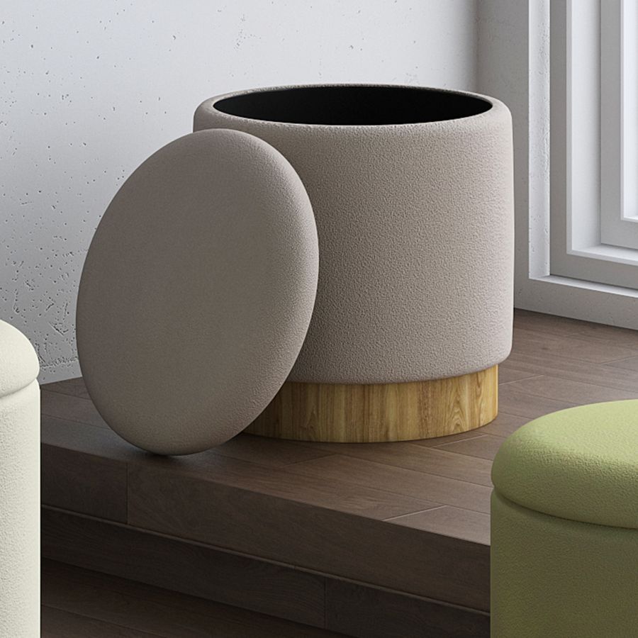 Pouf de rangement rond Alya en gris chaud et naturel