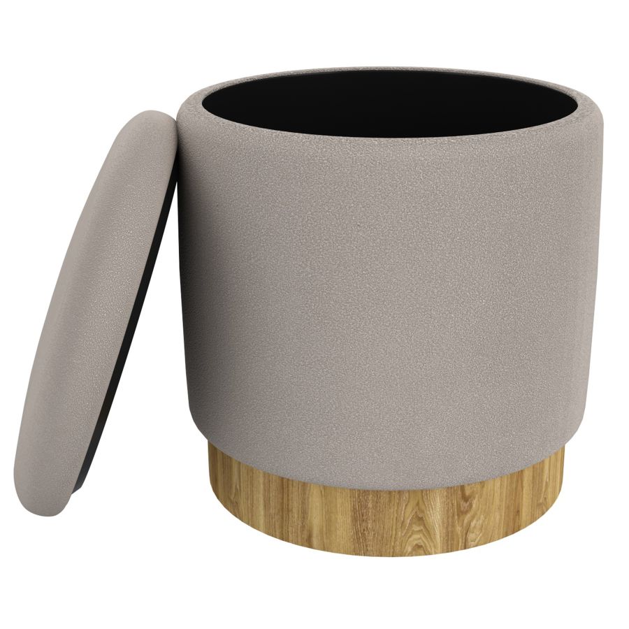 Ottoman de rangement rond Alya en gris chaud et naturel