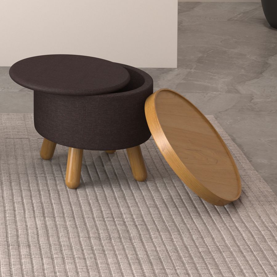 Pouf de rangement rond Betsy avec plateau en charbon de bois et naturel ( Meuble Mtl ) 