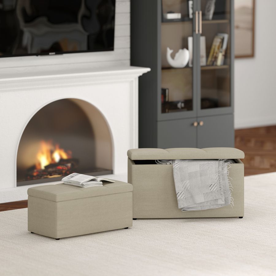 Levi Ensemble de 2 bancs poufs de rangement rectangulaires en tissu beige ( Meuble Mtl ) 