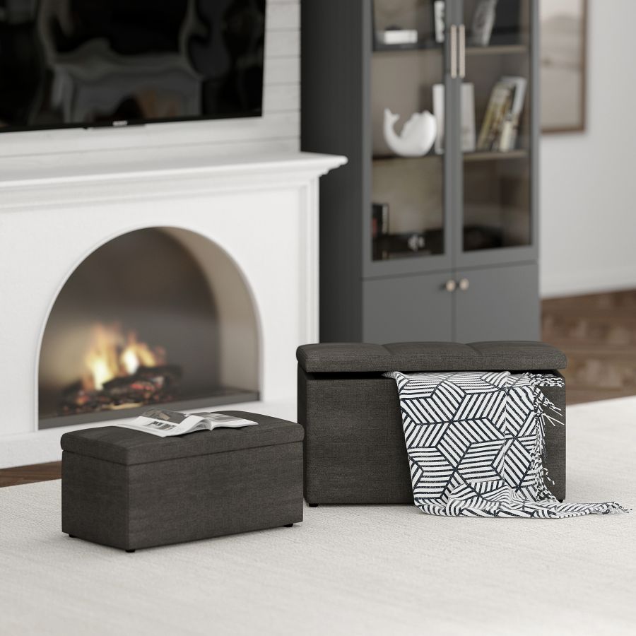 Levi - Ensemble de 2 bancs poufs de rangement rectangulaires en tissu anthracite ( Meuble Mtl ) 