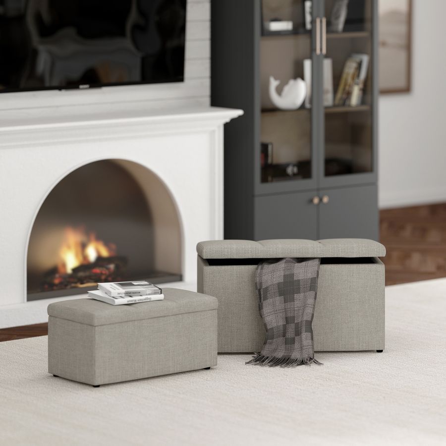 Levi Ensemble de 2 bancs ottomans de rangement rectangulaires en tissu gris clair ( Meuble Mtl ) 