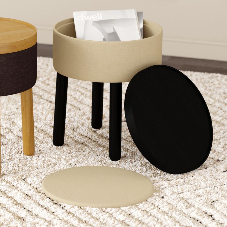 Pouf de rangement rond Polly avec plateau en beige et noir ( Meuble Mtl )