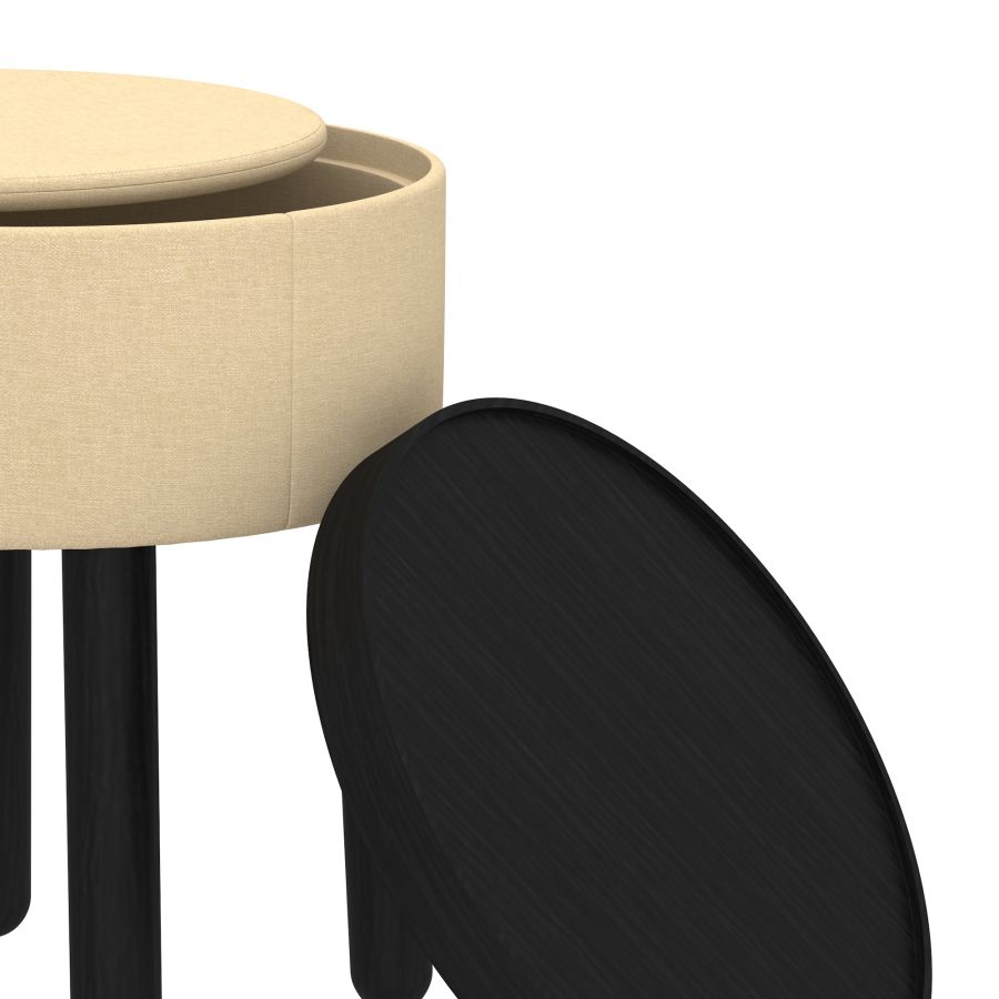 Pouf de rangement rond Polly avec plateau en beige et noir ( Meuble Mtl )