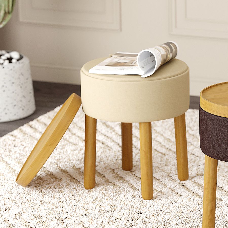 Pouf de rangement rond Polly avec plateau en beige et naturel ( Meuble Mtl )