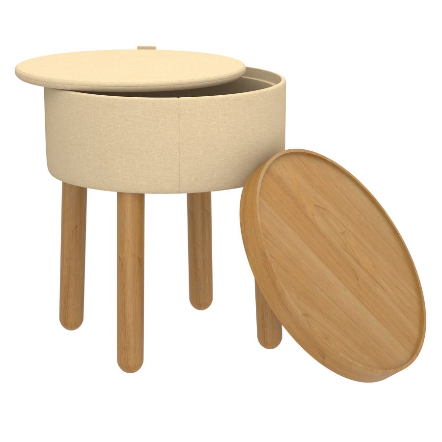 Pouf de rangement rond Polly avec plateau en beige et naturel ( Meuble Mtl )