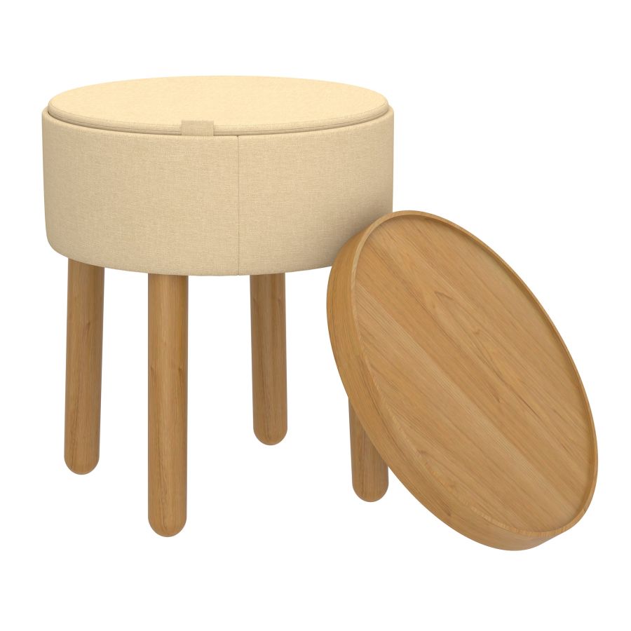 Pouf de rangement rond Polly avec plateau en beige et naturel ( Meuble Mtl ) 