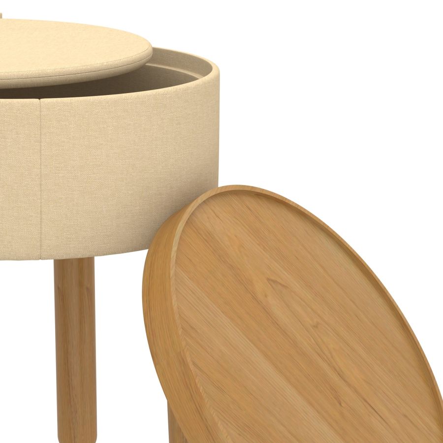 Pouf de rangement rond Polly avec plateau en beige et naturel ( Meuble Mtl )