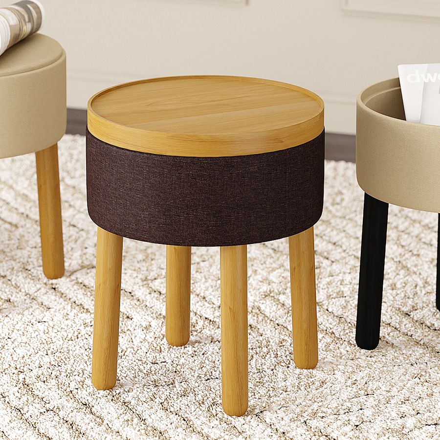 Pouf de rangement rond Polly avec plateau en charbon de bois et naturel ( Meuble Mtl )
