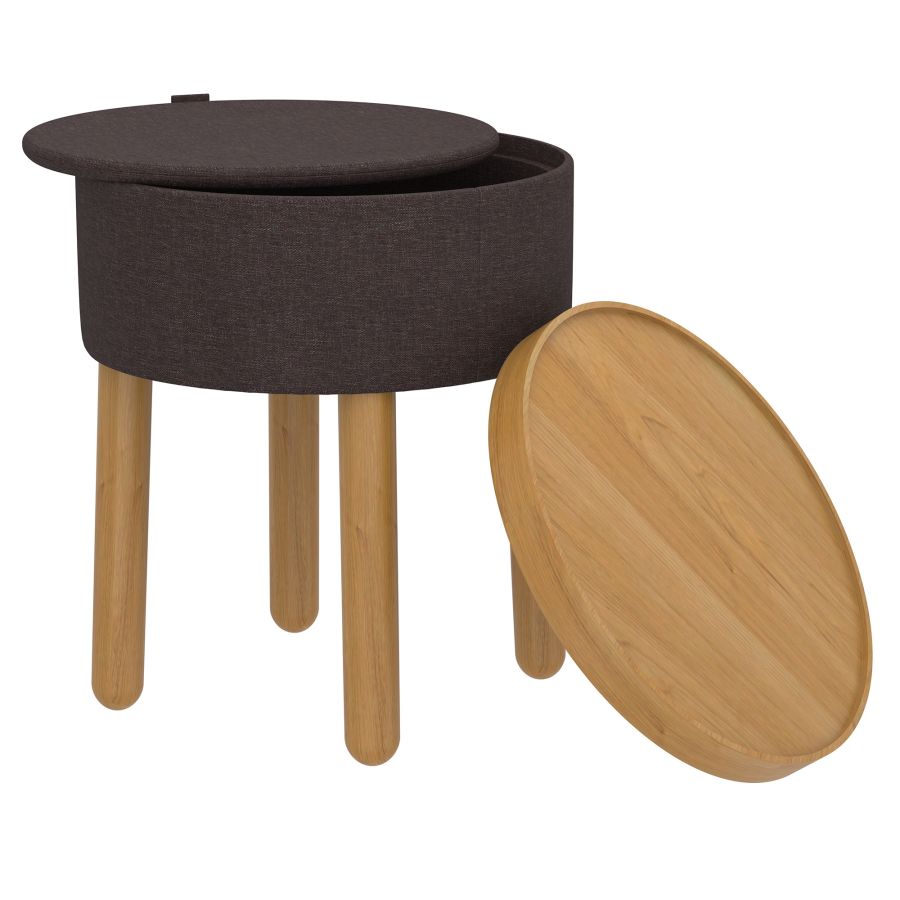 Pouf de rangement rond Polly avec plateau en charbon de bois et naturel ( Meuble Mtl ) 