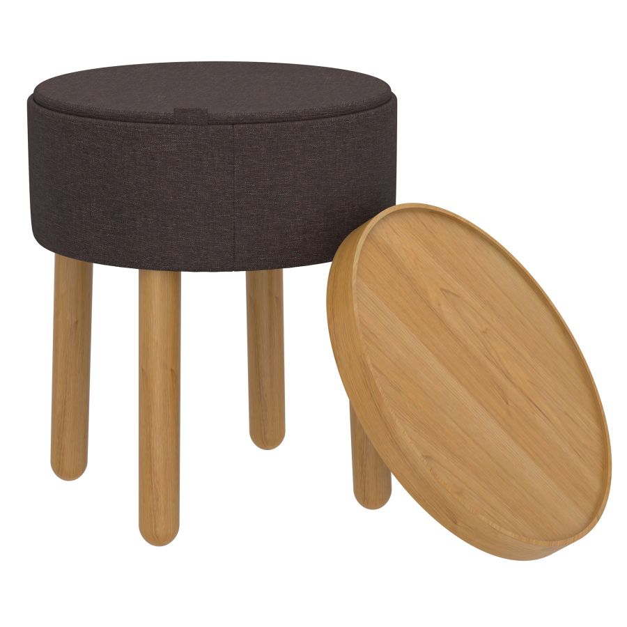 Pouf de rangement rond Polly avec plateau en charbon de bois et naturel ( Meuble Mtl )