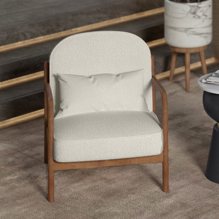 Chaise d'appoint Fani, tissu boucle blanc et noyer