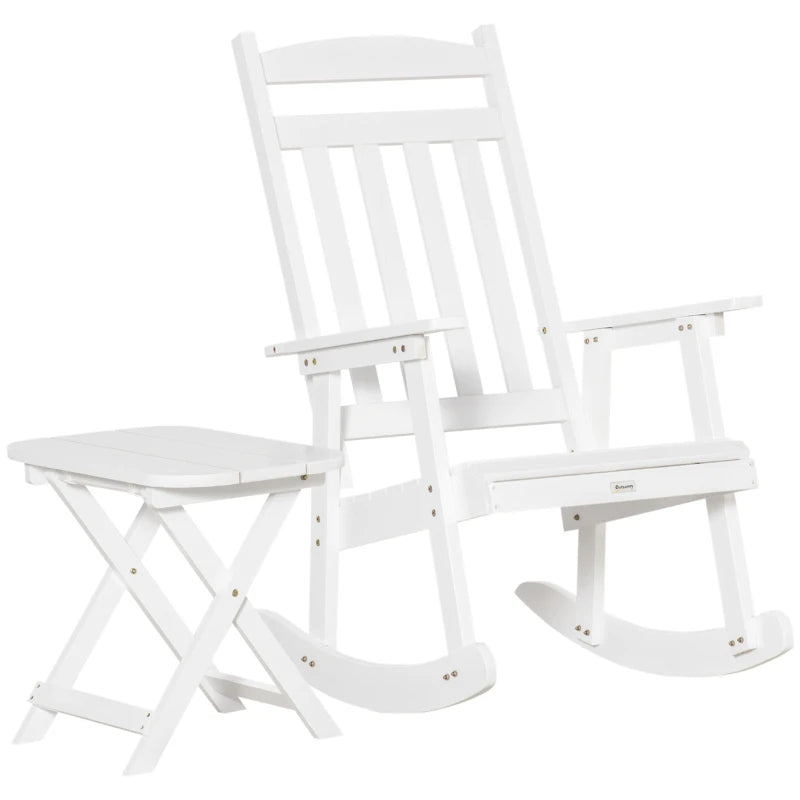 Chaise à bascule en bois avec table, ensemble à bascule d'extérieur avec fauteuil à dossier haut et table d'appoint pliable pour cour, jardin, porche, blanc