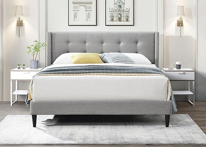 Lit Aile Transitionnel - Capitonnage Boutonné, Mousse Haute Densité, Tissu Gris