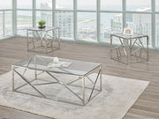 Ensemble de table basse 3 pièces, plateau en verre avec base chromée ( Meuble Mtl )