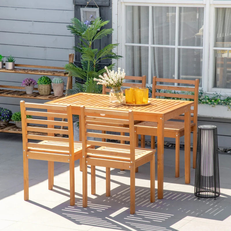 Ensemble de salle à manger de Patio 5 pièces pour 4 personnes, table et chaises d'extérieur en bois avec conception à lattes pour jardin, Patio, arrière-cour, Orange