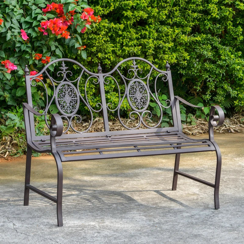 Banc de jardin en métal pour 2 personnes, 47 pouces, causeuse d'extérieur, chaise décorative, siège de parc, meubles de patio, marron