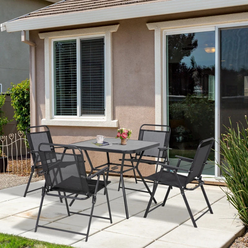 Ensemble de salle à manger d'extérieur 5 pièces avec 4 fauteuils pliables, ensembles de meubles de patio avec trou pour parasol et table de salle à manger en composite bois-plastique, siège en maille, noir