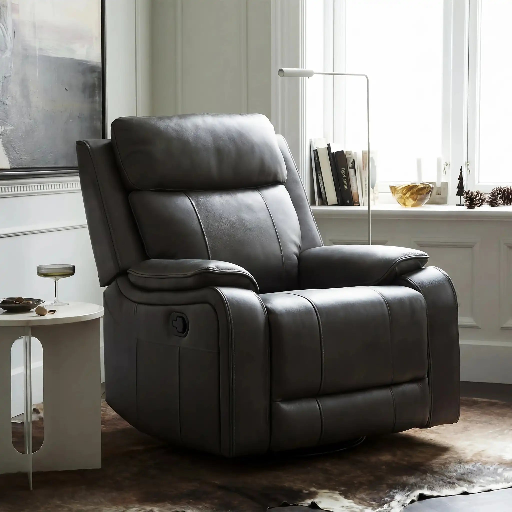Primo Brindle Fauteuil Pivotant Berçant Inclinable Cuir Anthracite