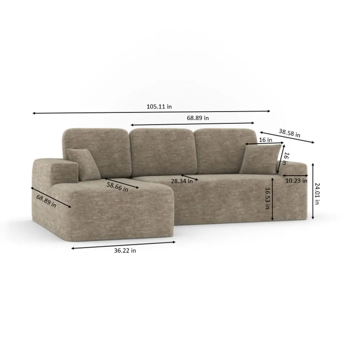 Sectionnel Isabel avec Chaise Longue | Taupe et ressorts ensachés