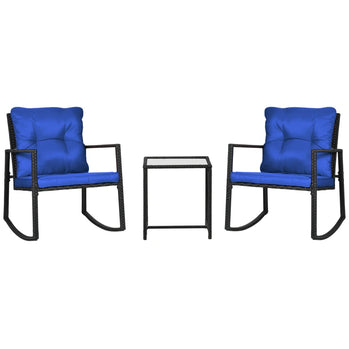 Ensemble bistro à bascule 3 pièces, meubles de patio extérieur en osier avec table basse en verre et chaises à bascule extérieures pour porche, ensembles de conversation avec coussins épais, bleu