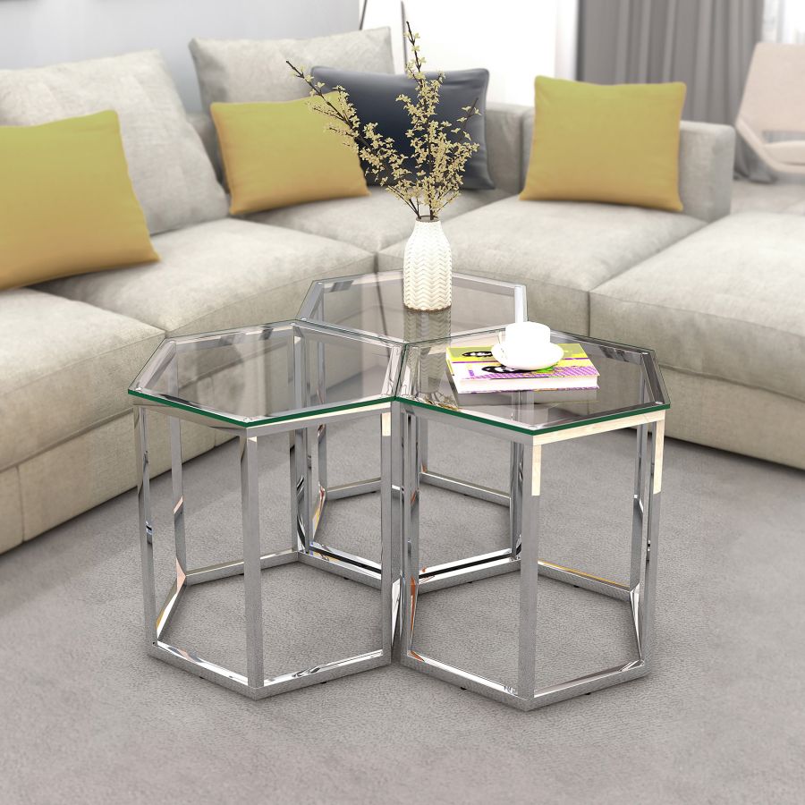 Ensemble de table d'appoint 3 pièces Fleur en argent ( Meuble Mtl )