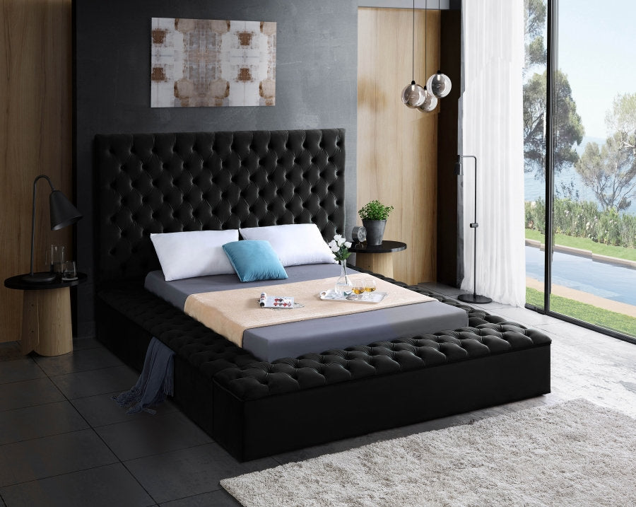 Lit Plateforme en Velours Noir - 3 Grands Rangements, Capitonnage Profond, Hauteur de 16 po