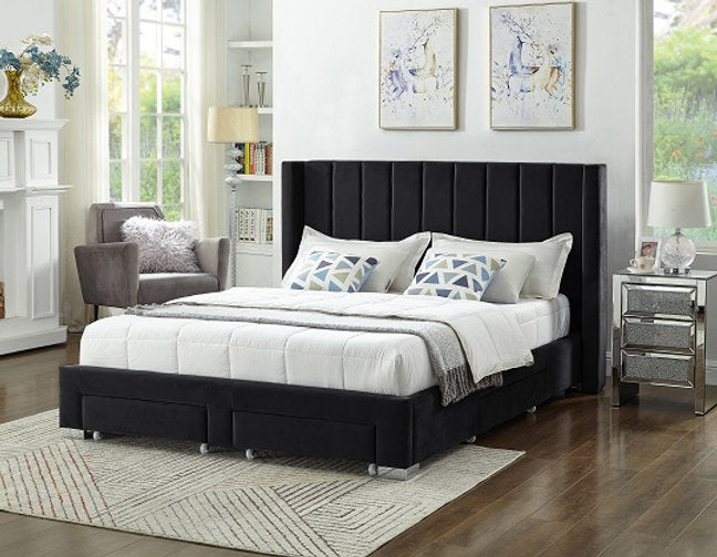 Lit Aile Velours Noir - Capitonnage Profond, Pieds Chromés, 4 Tiroirs, Support Matelas