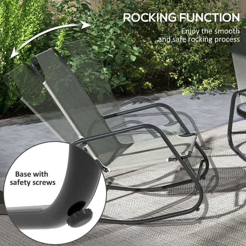 Ensemble de 2 chaises à bascule de patio, ensemble de bistro de patio 3 pièces avec cadre en métal, siège en tissu maillé respirant pour jardin, terrasse, gris